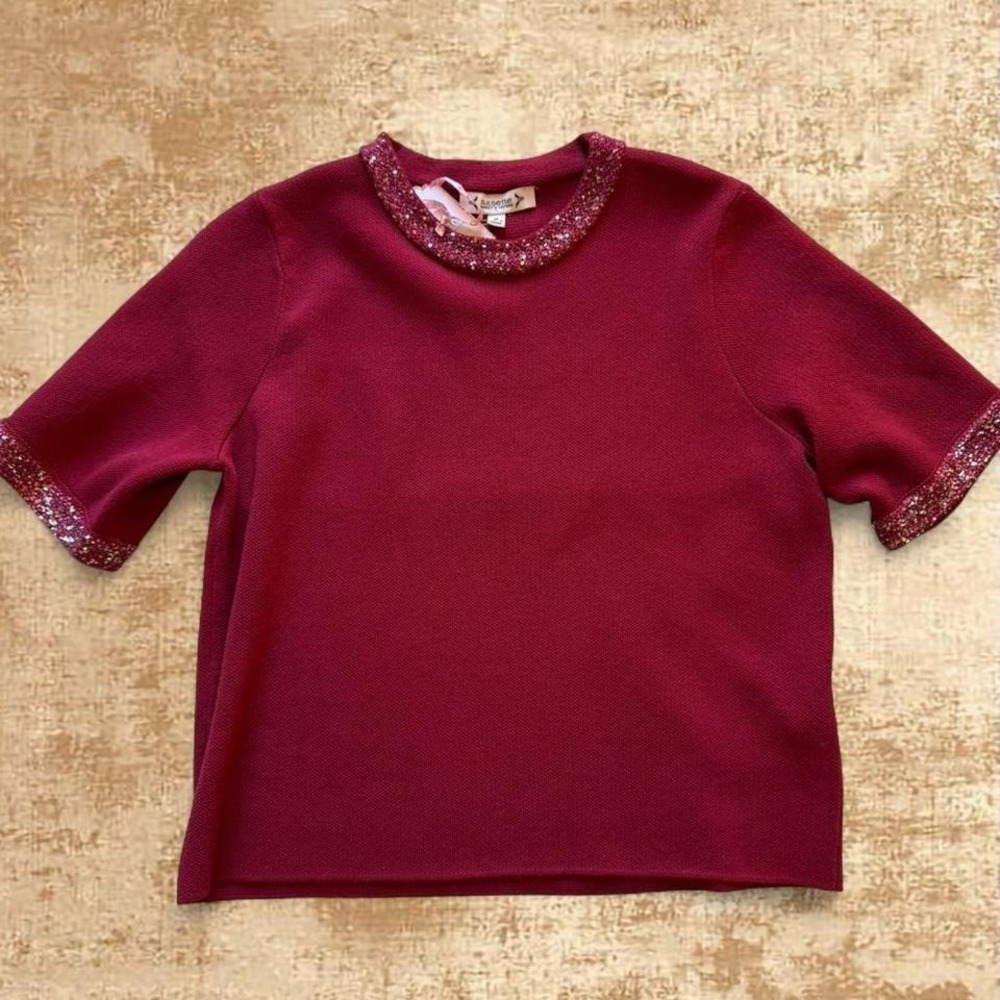 Nanette Lepore Ruby Wine Sequin Trim Short Sleeve Sweater Top 7S16614 Mens M